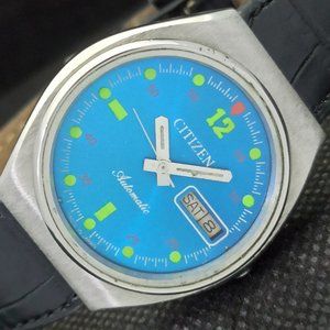 Vintage 1974 Citizen Automatic mens Silver Watch W/daydate & Blue Face Leather